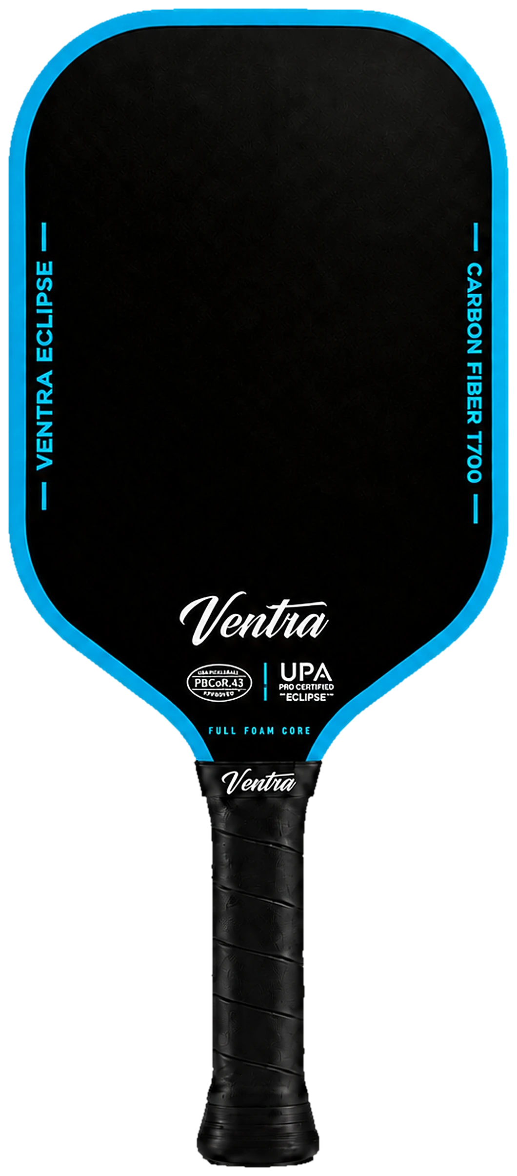 Ventra Eclipse pickleball paddle, black carbon fiber face with a blue edge guard