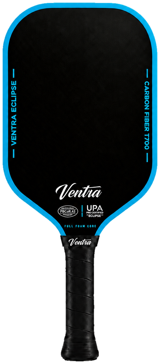 Ventra Eclipse pickleball paddle, black carbon fiber face with a blue edge guard